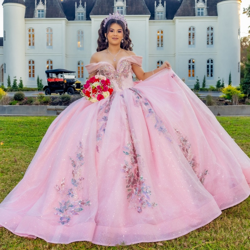 Pink Shiny Quinceanera Dresses Off Shoulder Ball Gown Sweet 16 Dress Sequin Applique Lace Beads Bow Tull Birthday Party Vestidos 15 Anos