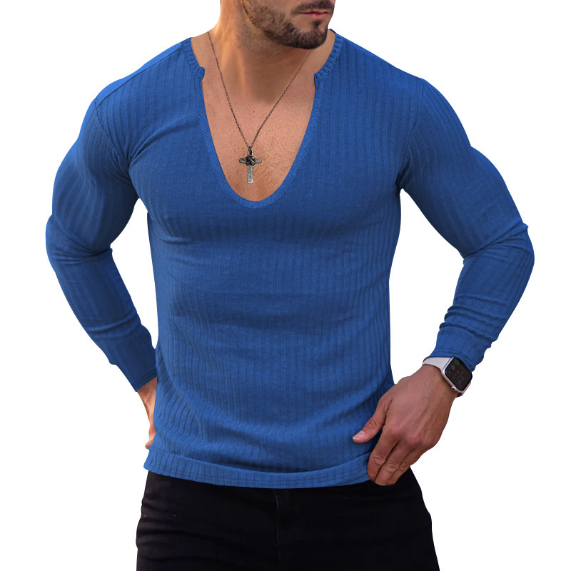 2025 Knitted Shirt Thin V-neck Personalized Trendy Versatile Men's Long Sleeve T-shirt