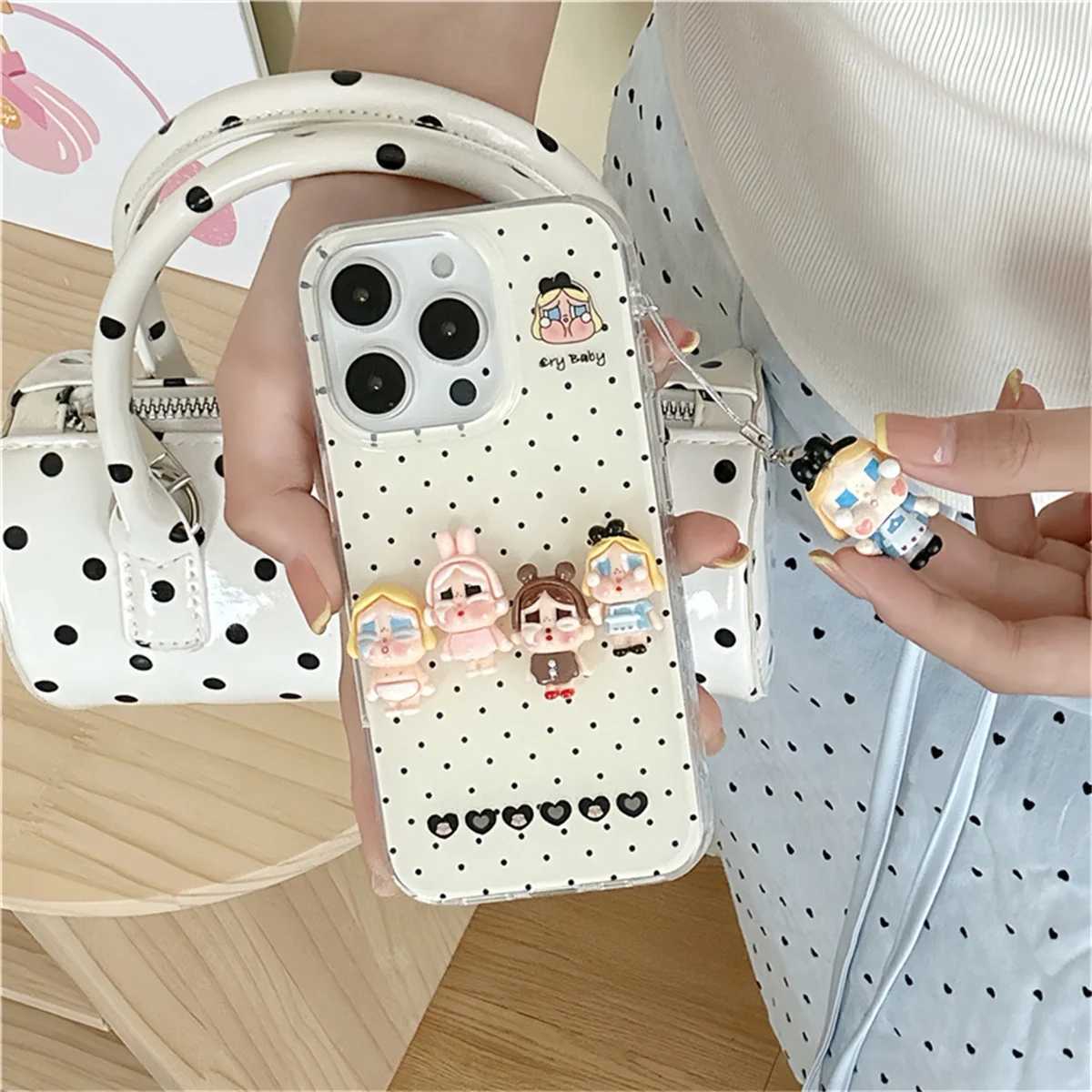Korean Pink Plaid Pattern Cute Phone Case For iPhone 16 Pro 14 15 Pro Max Cover with Pendant Kawaii Protective Cases J251202