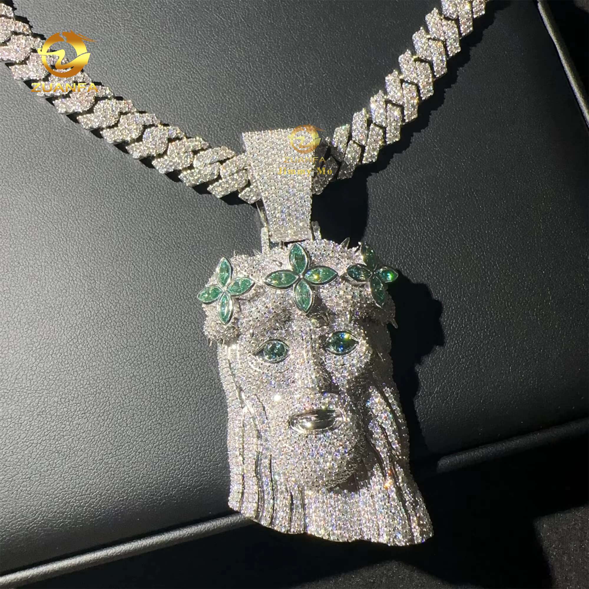 2.5 Fashion Man Jewelry Hip Hop Pendant 925 Silver Blue Green Marquise Moissanite Diamond Jesus Pendant Miami Cuban Link Chain