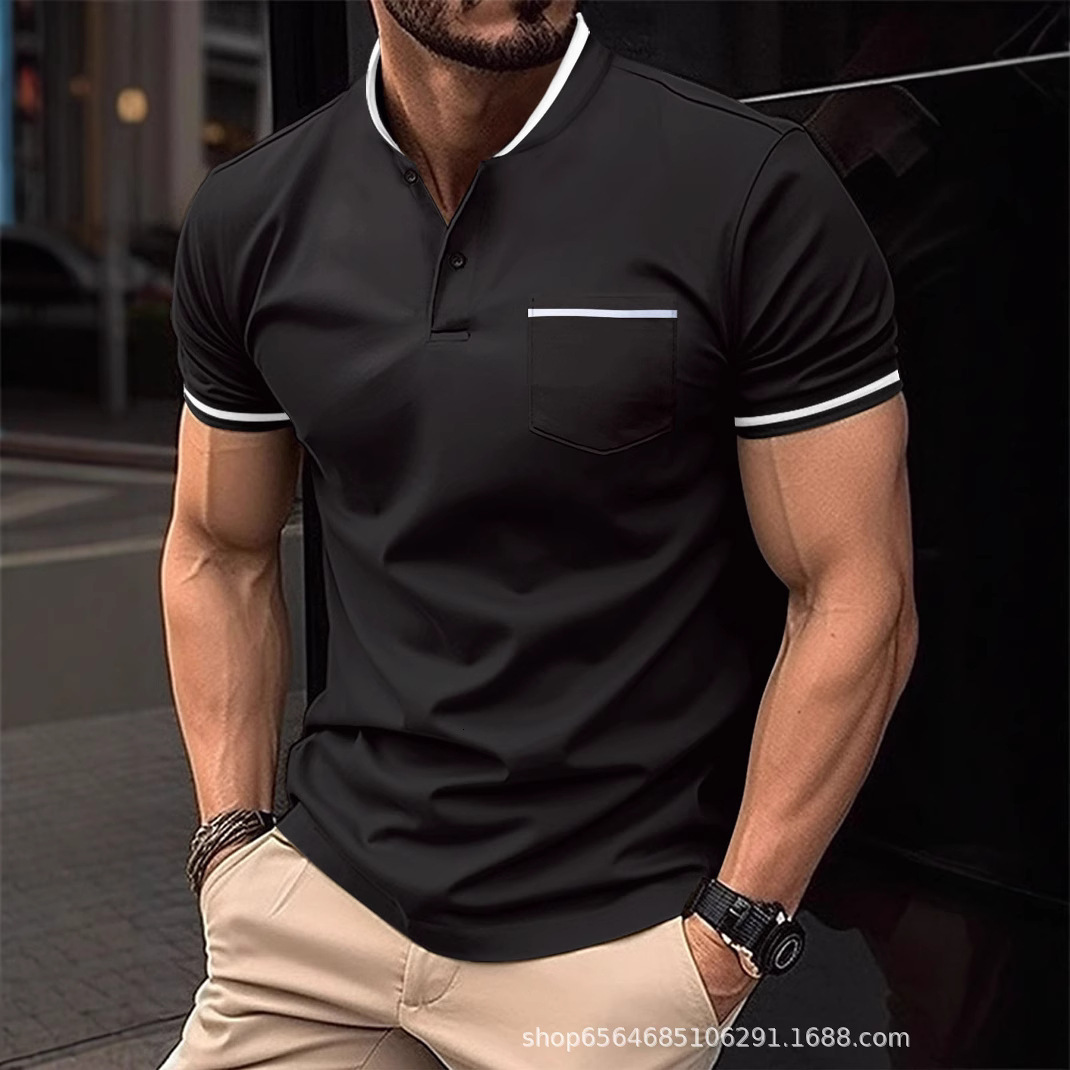 Spring Fashion Mens Short Sleeve Solid Color Stand up Collar Pocket Henley Shirt Polo Shirt