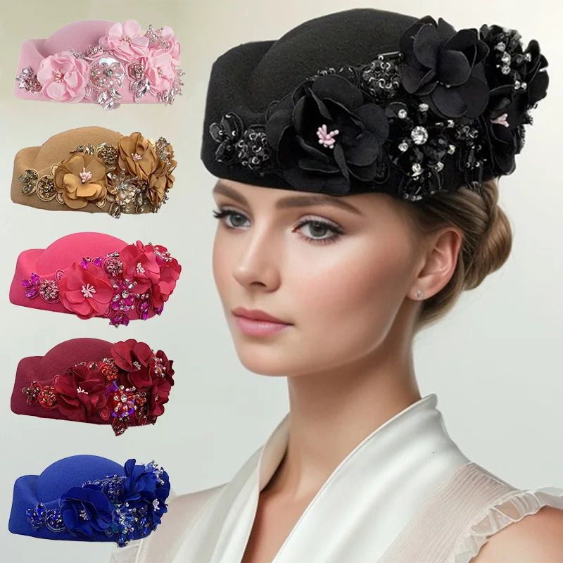 Vintage Felt Turban Hat For Women Church Derby Fascinator With Flower Ladies Soft Beret Caps For party Airline Stewardess Hat 250407