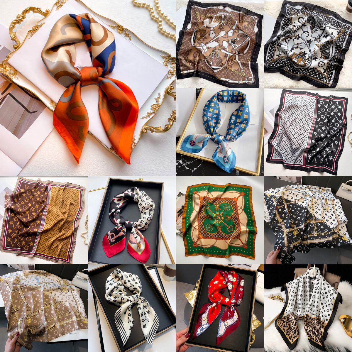 700mm Simple Presbyopia Printing Floral imitate Silk Scarf Headband for Women Girls Fashion Long Handle Bag Scarves Paris Shoulder Tote Luggage Ribbon Head Wraps