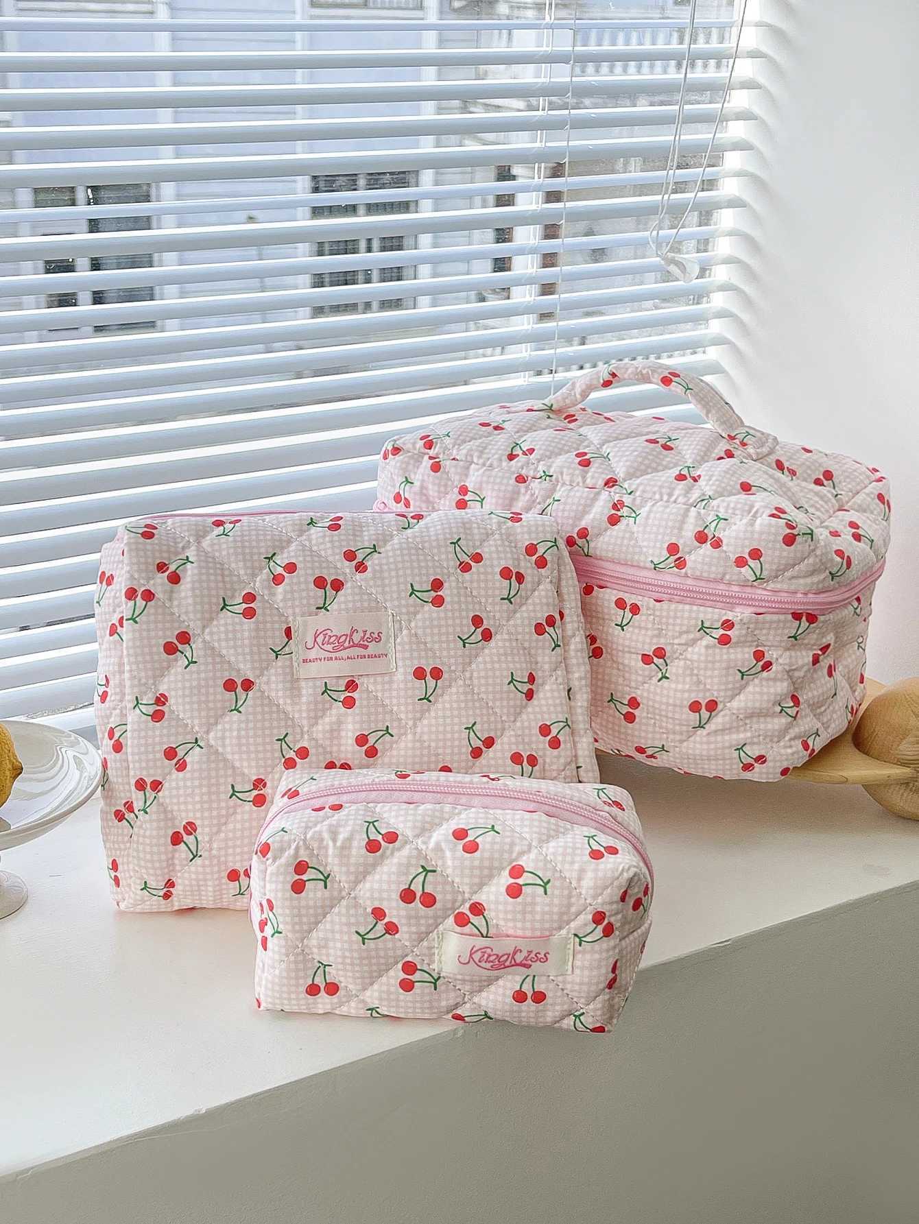 1 piece/set plain weave and cherry print quilted makeup bag large capacity makeup bag multifunctional makeup bagXJ250415
