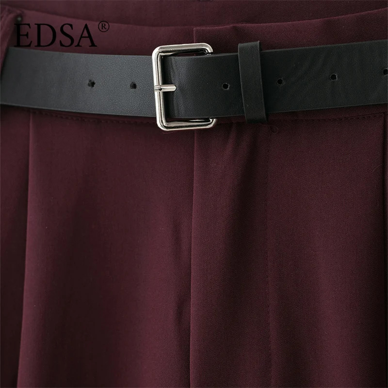 EDSA Womens Double Fold Tight Pants with Belt Loop Side Pocket Suitable for Office Zipper Fashion 250414Z