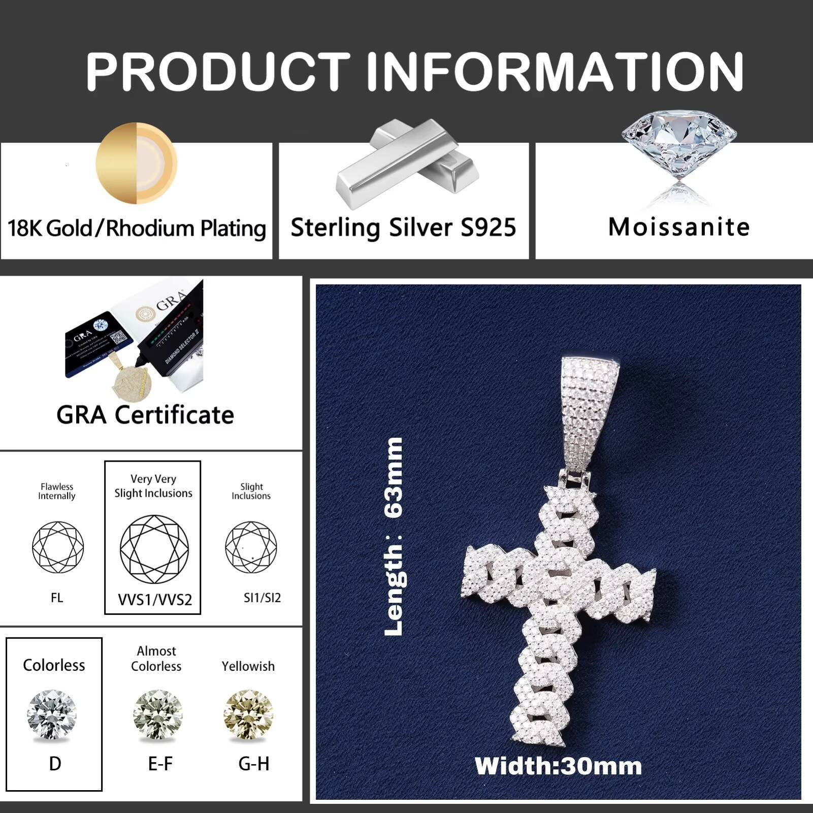 925 Silver Moissanite Cross Pendant Iced Out Hip Hop Jewelry with Zircon Diamond Fashionable Cross Charms for Men and Women