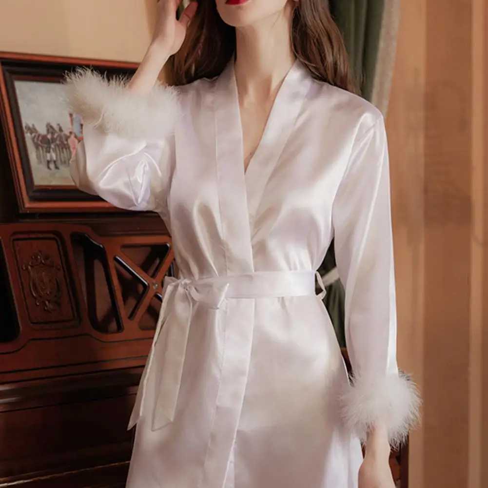 Imitation Silk Women Nightgown Solid Color Faux Fur Trim Adjustable Waist Tie Satin Sleepwear Weddings Bride Morning Robe C251115