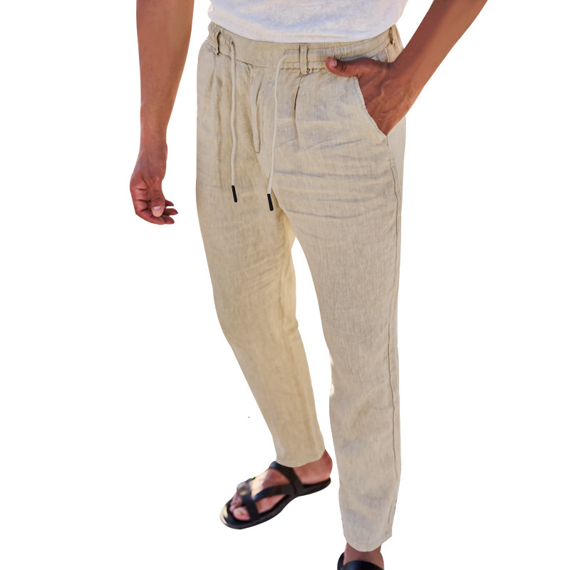Spring Autumn thin casual lace up new men's cotton and linen drawstring straight leg pants