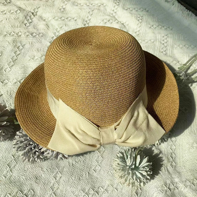 2025 Spring Summer Elegant Bow Sun Hats for Women Foldable Trave Straw Hat Panama Wide Brim Curlable Edge Anti Uv Beach Lady Cap 250407