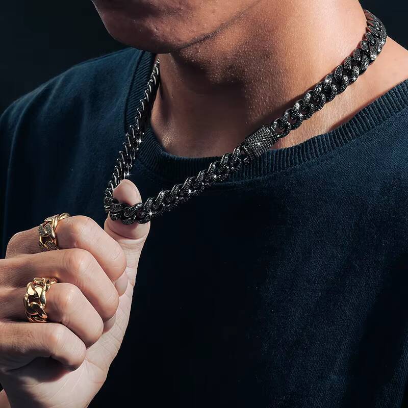 Dropshipping 12mm Gold Plated 925 Sterling Silver Black VVS Moissanite Diamond Iced Out Miami Cuban Link Chain Necklace