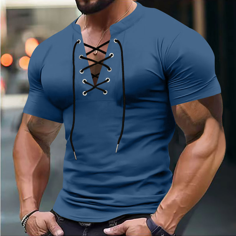 Large size summer men's T-shirt V-neck tie casual sports short sleeved men