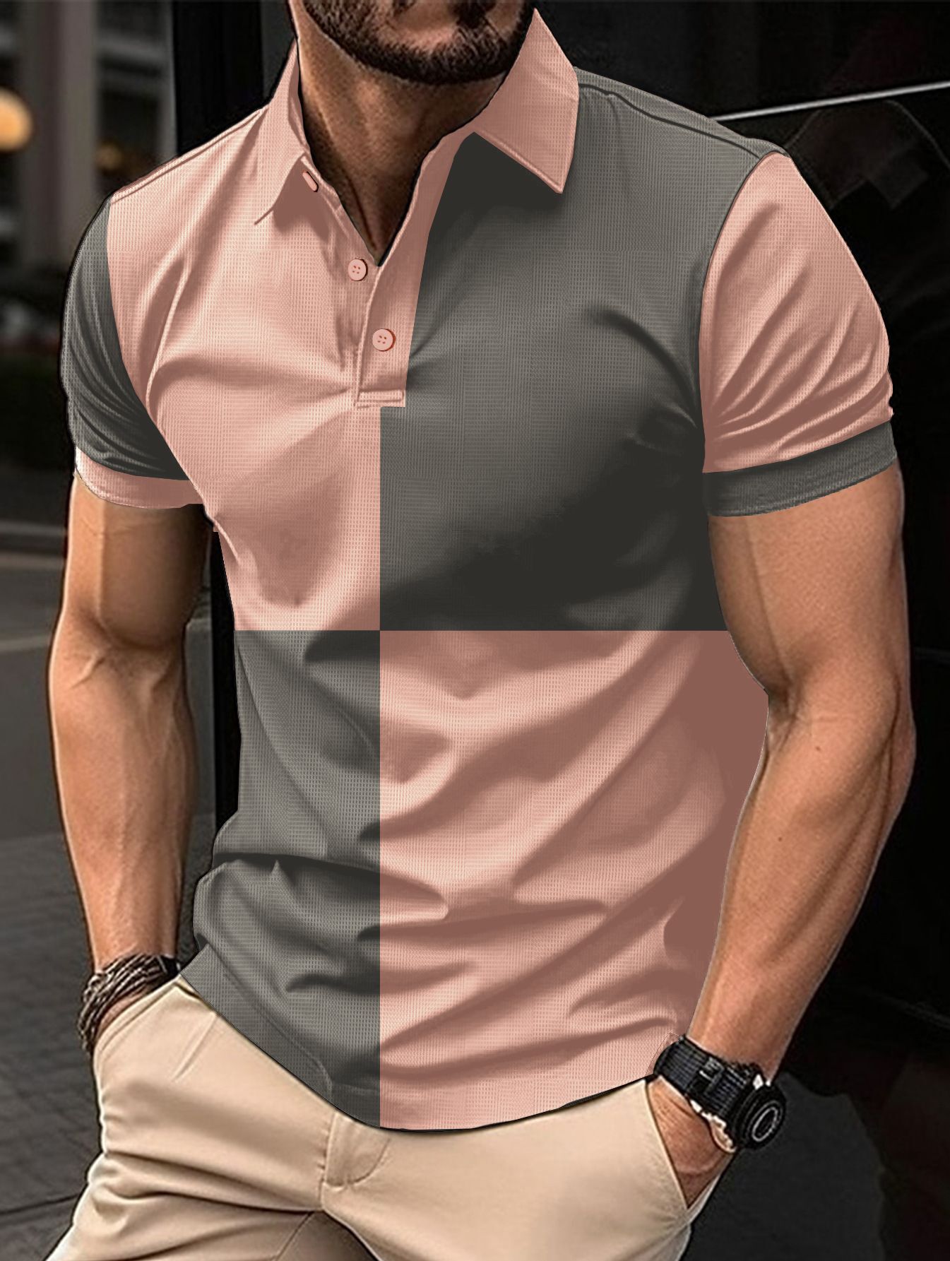 Ins new mens casual sports polo shirt short sleeved color blocked lapel mens top