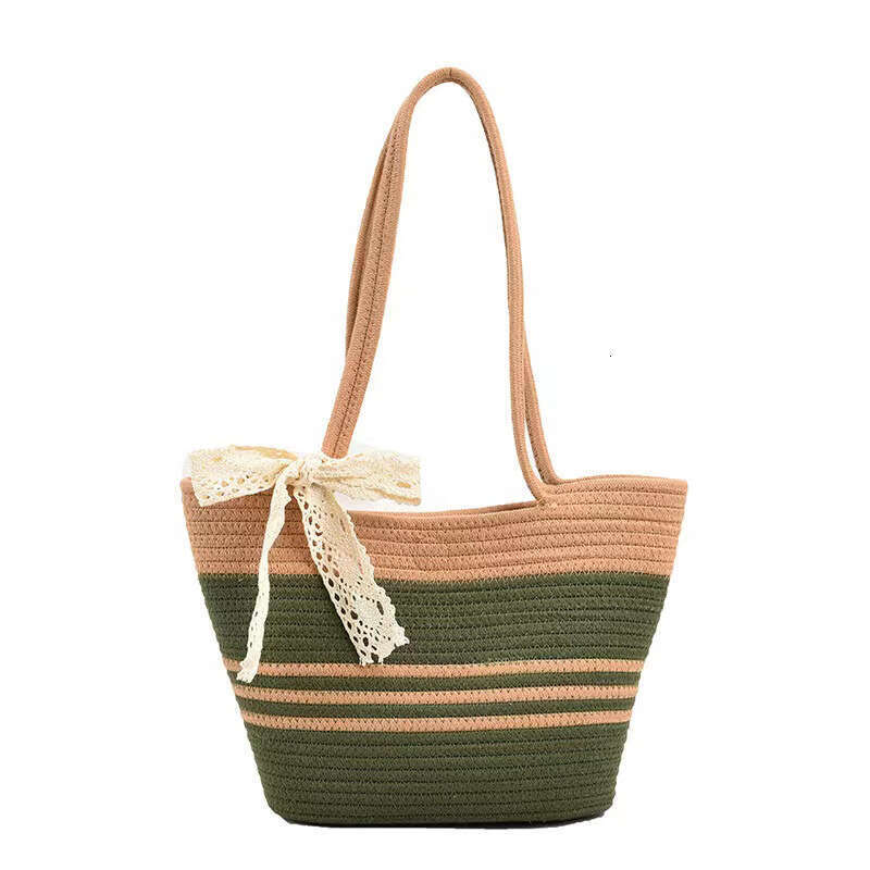 Handmade Beach Bag Large Capacity For Women 2025 Single Shoulder Cotton Thread Handheld Lace Straw Woven Color Blocked Beach Tote Bag Kq2