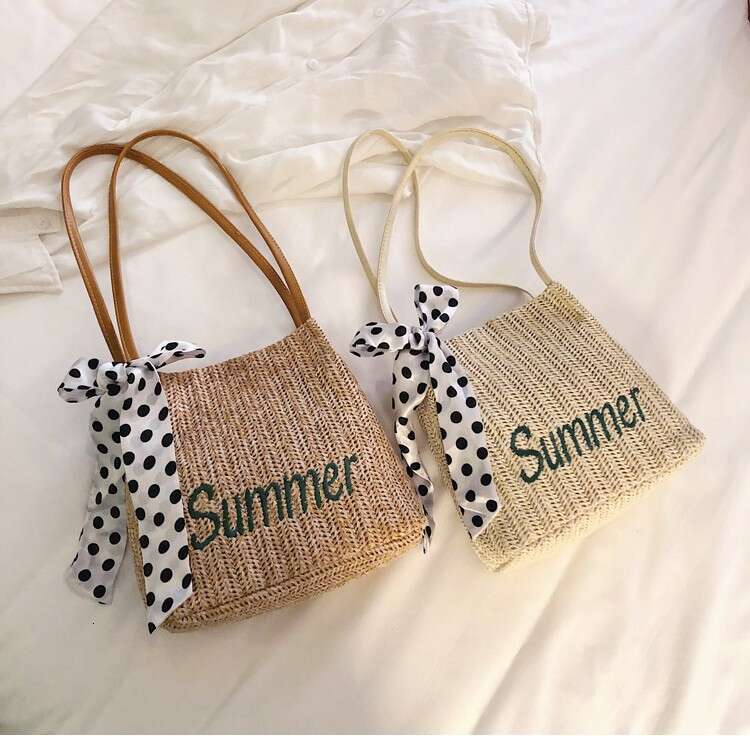 Handmade Beach Bag 2024 Summer New Silk Scarf Decorative Water Bucket Straw Korean Edition Fashion Woven Women's Handbag Shoulder Bag Kq2