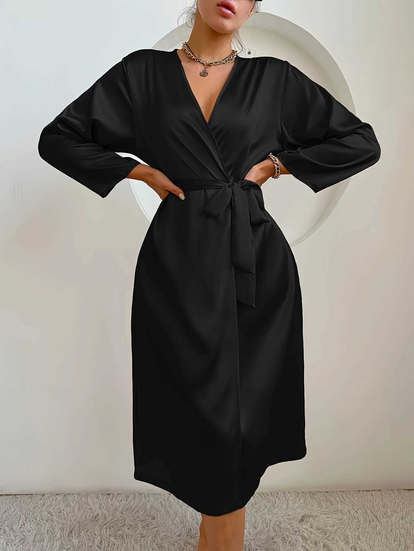 Womens Satin Robe Belted Elegant Solid Color Silky Comfort Bathrobe Loungewear C251115