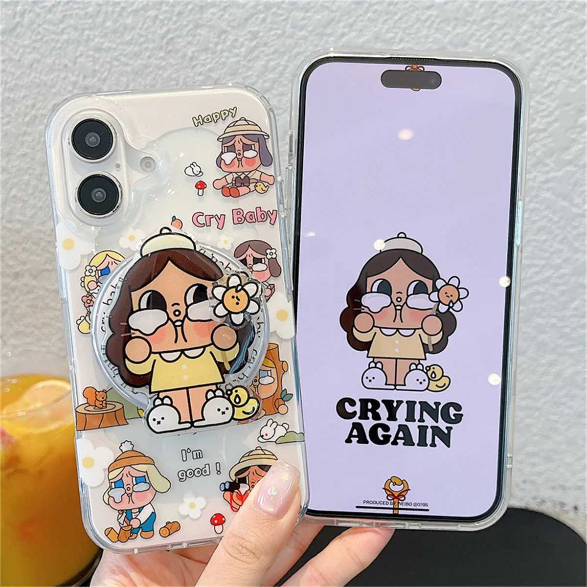 Kawaii Cartoon Cry Girl Magnetic Phone Case For iPhone 16 Pro 15 14 13 Pro Max Cover with Stand Holder Shockproof Protective Cas J251202