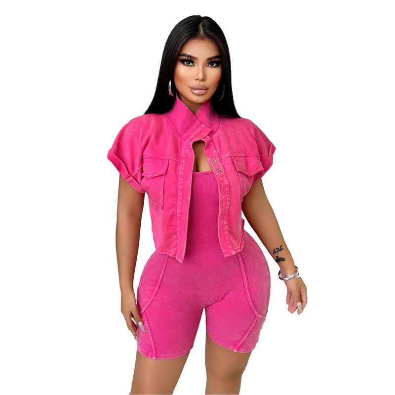 Womens Tracksuits Two Pieces Set Summer New Collection Washed And Worn Vest Jumpsuit Short Sleeved Jacket