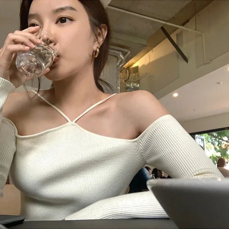 Womens cut sweater sexy off shoulder ultrathin knitted long sleeved camisole top 250407