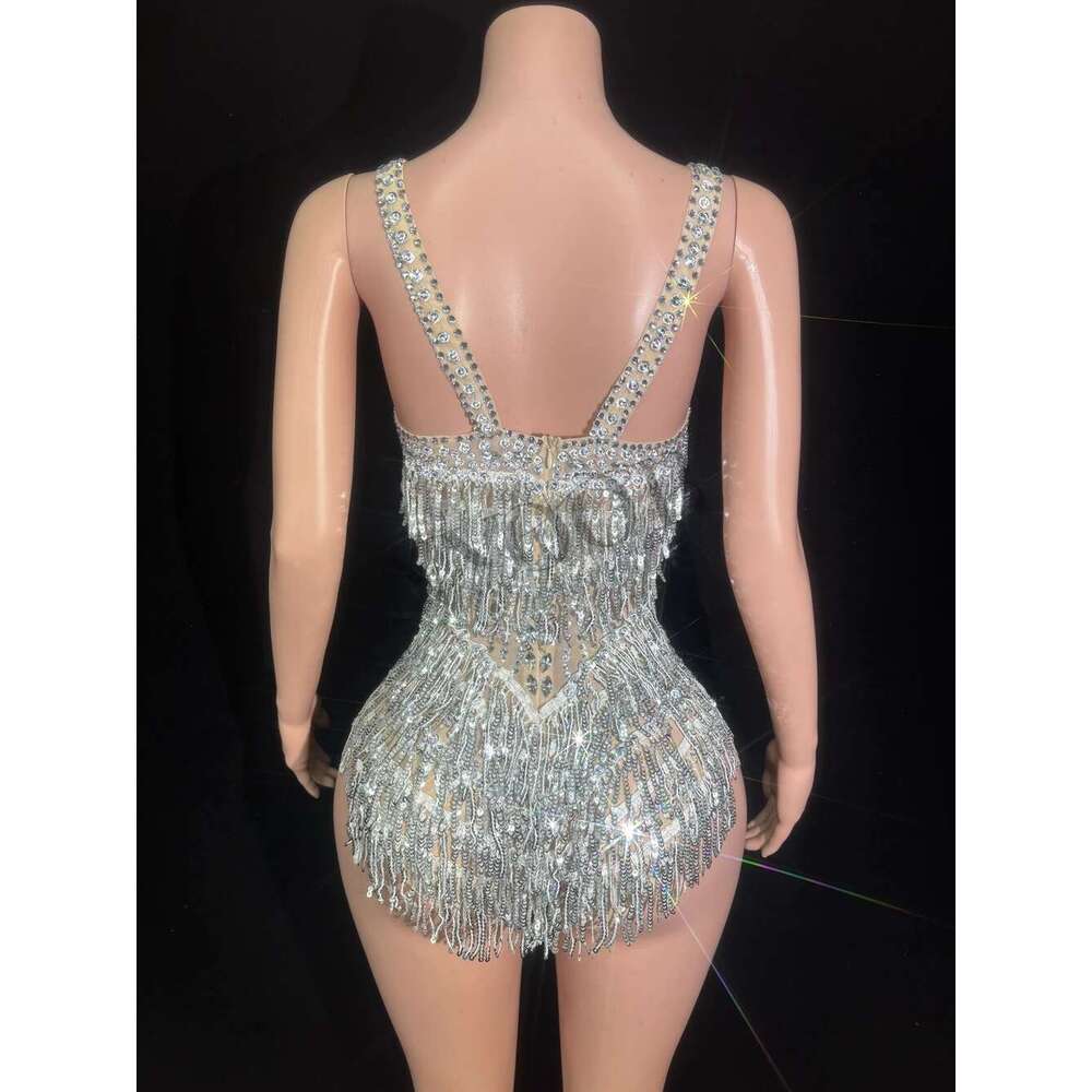 Sparkly Rhies Sequins Tassel Bodysuit For Women Sexy See Through Performance Dance Costume Singer Dancer Stage Wear