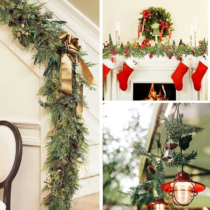 150cm Christmas Wreath Rattan Artificial Vine Hanging Floral Garland Christmas Decorations for Home Xmas Fireplace Door DecorM251115
