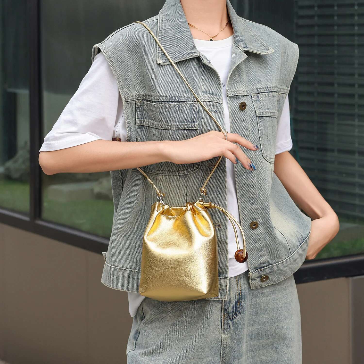 Ins Chic Gold Sier Mini Phone Purse Summer Nappa Cow Leather Women Crossbody Bag Small All-match String Close Pouch