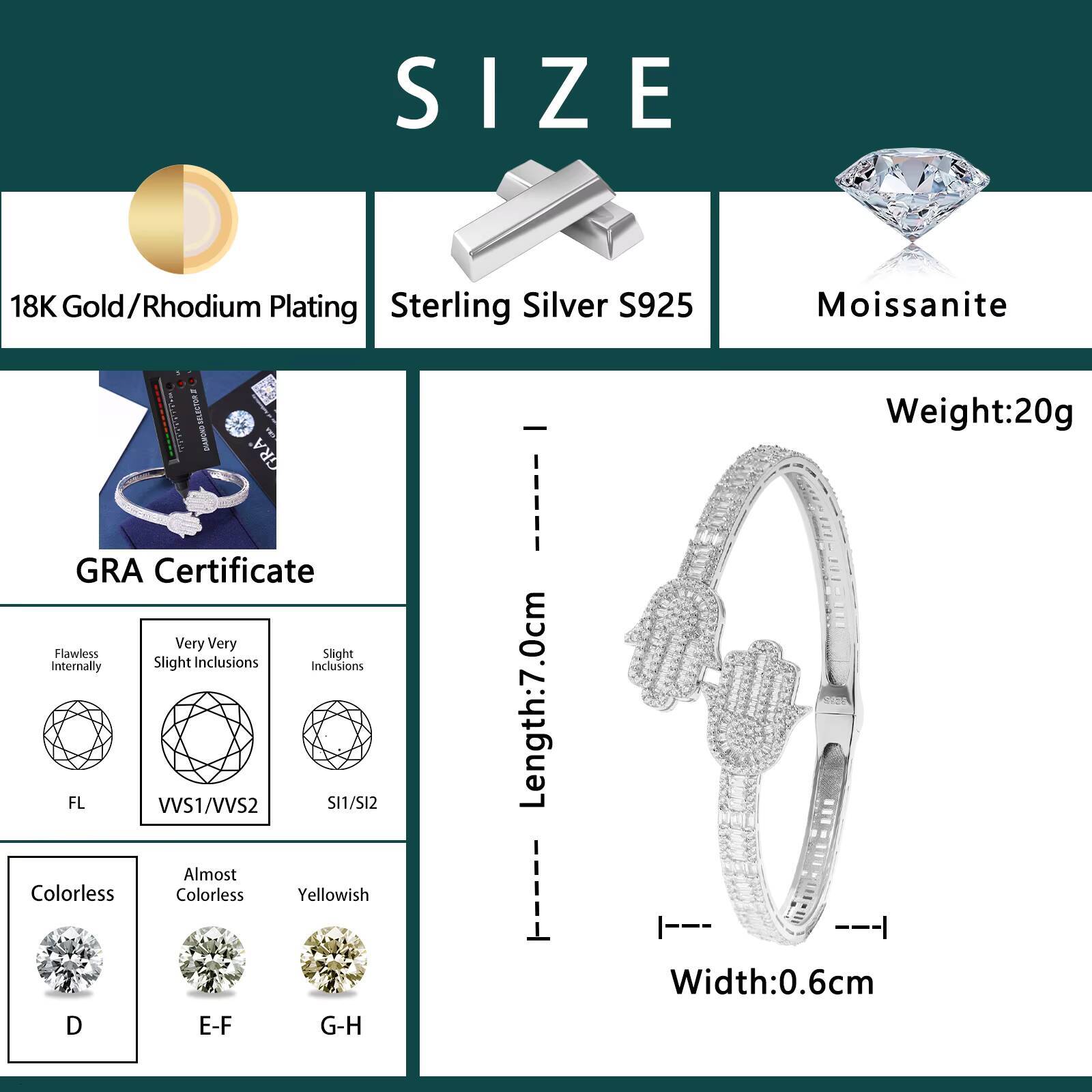 High Quality Hip Hop Jewelry Iced Out Hamsa Hand Bangle Bracelet 925 Sterling Silver Baguette Moissanite Diamond Bangle