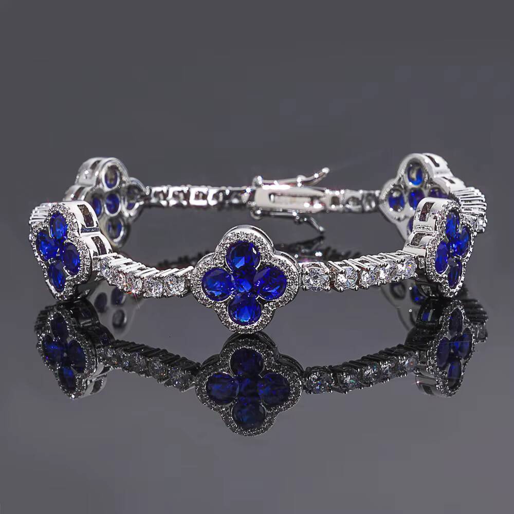Eskeem Luxury Jewelry Bracelet 925 Sterling Silver VVS Moissanite Blue Clover Fashion Unisex Gift Pass Diamond Test
