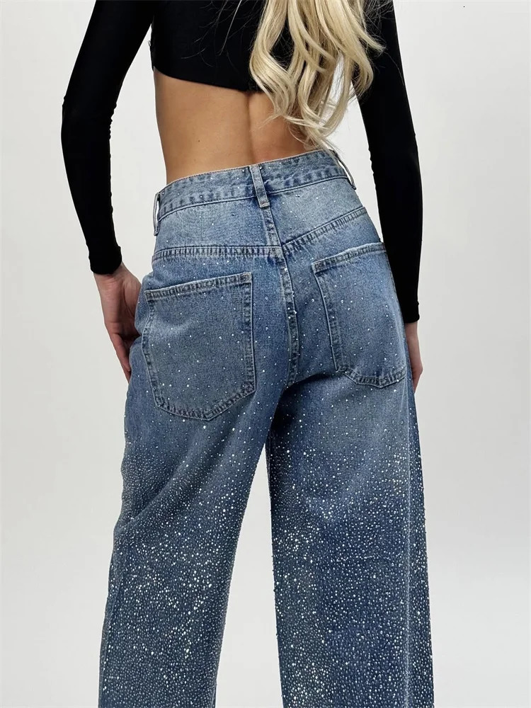 Diamond jeans casual blue pocket denim high waist wide leg pants 2025 spring womens Y2k street loose 250414