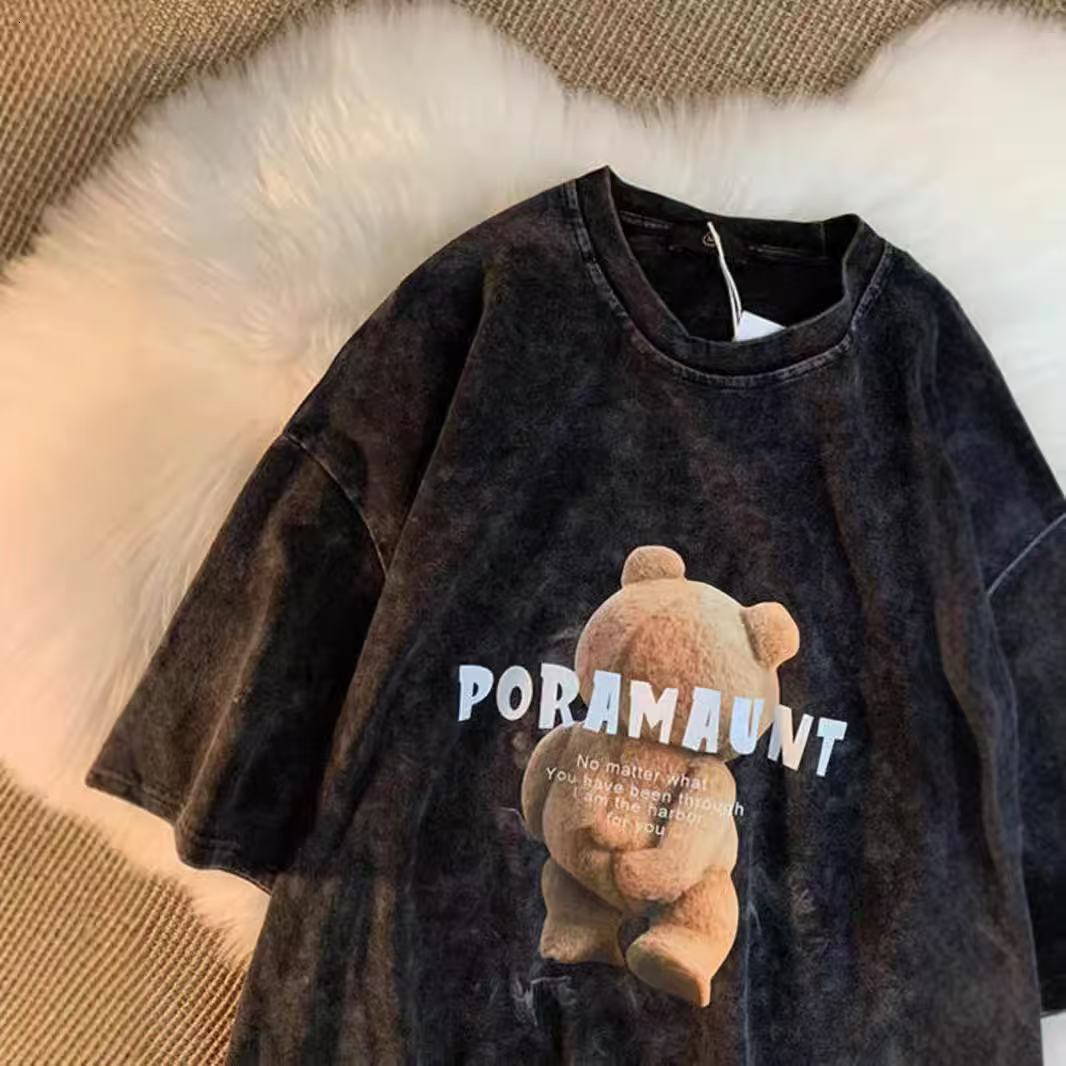 2025 Designer Women's Washed Off Shoulder T-shirt Short Teddy Bear Printed Short Sleeve T-shirt Fashion Brand Summer Loose Couple Half Sleeve Top