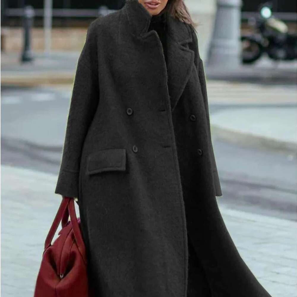 Autumn And Winter Long Solid Color Temperament Commuter Belt-Less Lapel Loose Tweed Green Coat