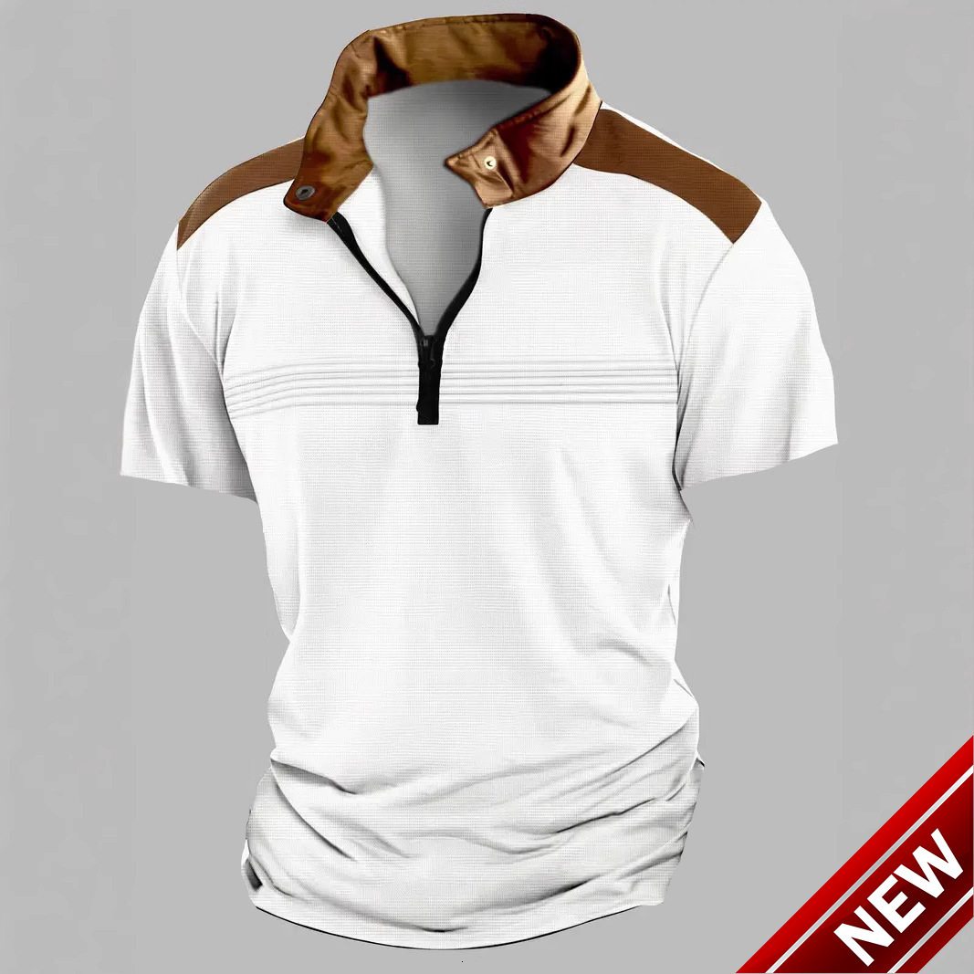 Summer new spliced wrinkled mens polo shirt with zipper and short sleeved sports polo shirt