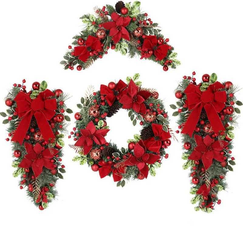 Christmas Decorations Christmas Wreath Rattan Set Bow Flower Garland Wreath For Front Door Hanging Xmas Ornaments New Year DecorM251115