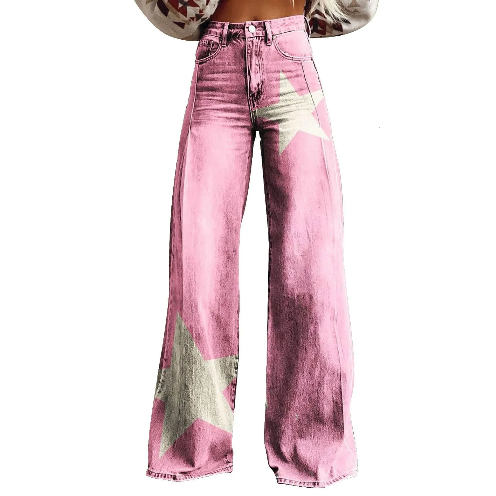 Womens wide leg Flare jeans with pockets retro floral print high waisted loose pants 250414
