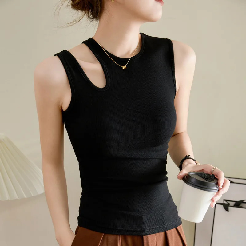 #0432 Black Brown Sleeveless Tank Top Women Hollow Out Irregular Tank Tops Tees Femme Stretch Cotton Skinny Short Tops Summer 250415
