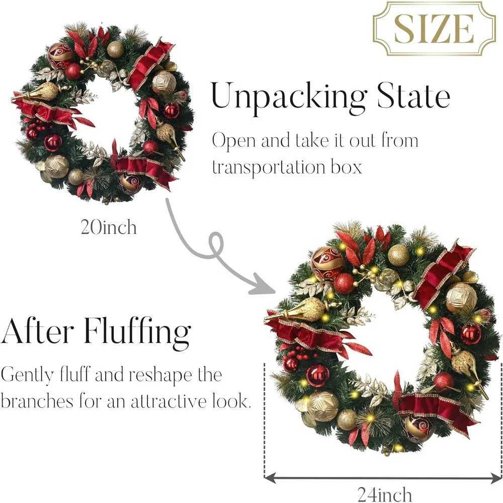 Pre-Lit 24 Inch Christmas Wreath for Front Door Large Outdoor Holiday Wreath with Red and Gold LightsM251115