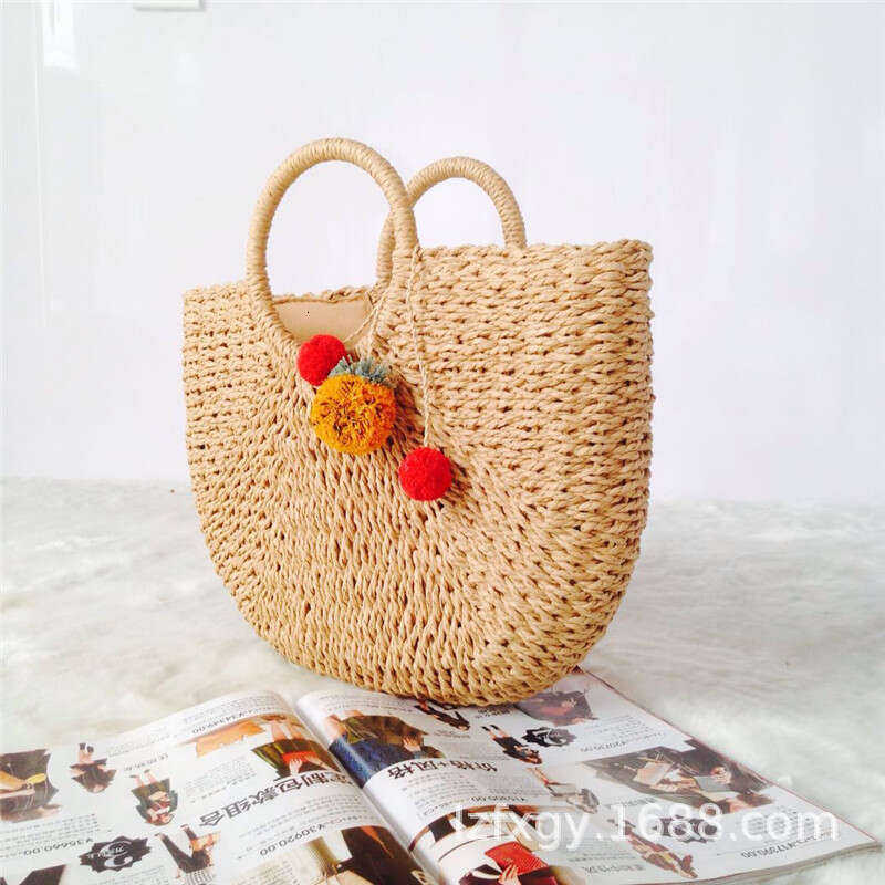 Handmade Beach Bag Grass New Versatile Women's Leisure Round Bucket Grass Woven Bag, Vacation Beach Bag Kq2
