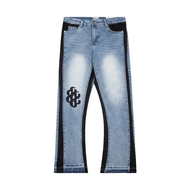 American Retro Washed Letter Spliced Denim High Street Trendy Brand Couple Loose Straight Micro-Flared Long Trousers