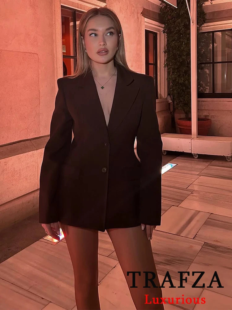 TRAFZA Chic Casual Solid Women Suit Pockets Button Blazer Straight Loose Pants Zipper Skirt Fashion 2025 Spring Summer Sets 250410