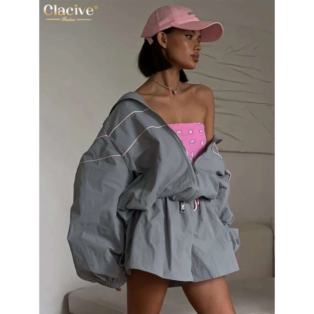 Clacive Fashion Loose Gray 2 Piece Sets Women Outfit 2024 Elegant Long Sleeve Shirt With High Waist Shorts Set Female Streetwear