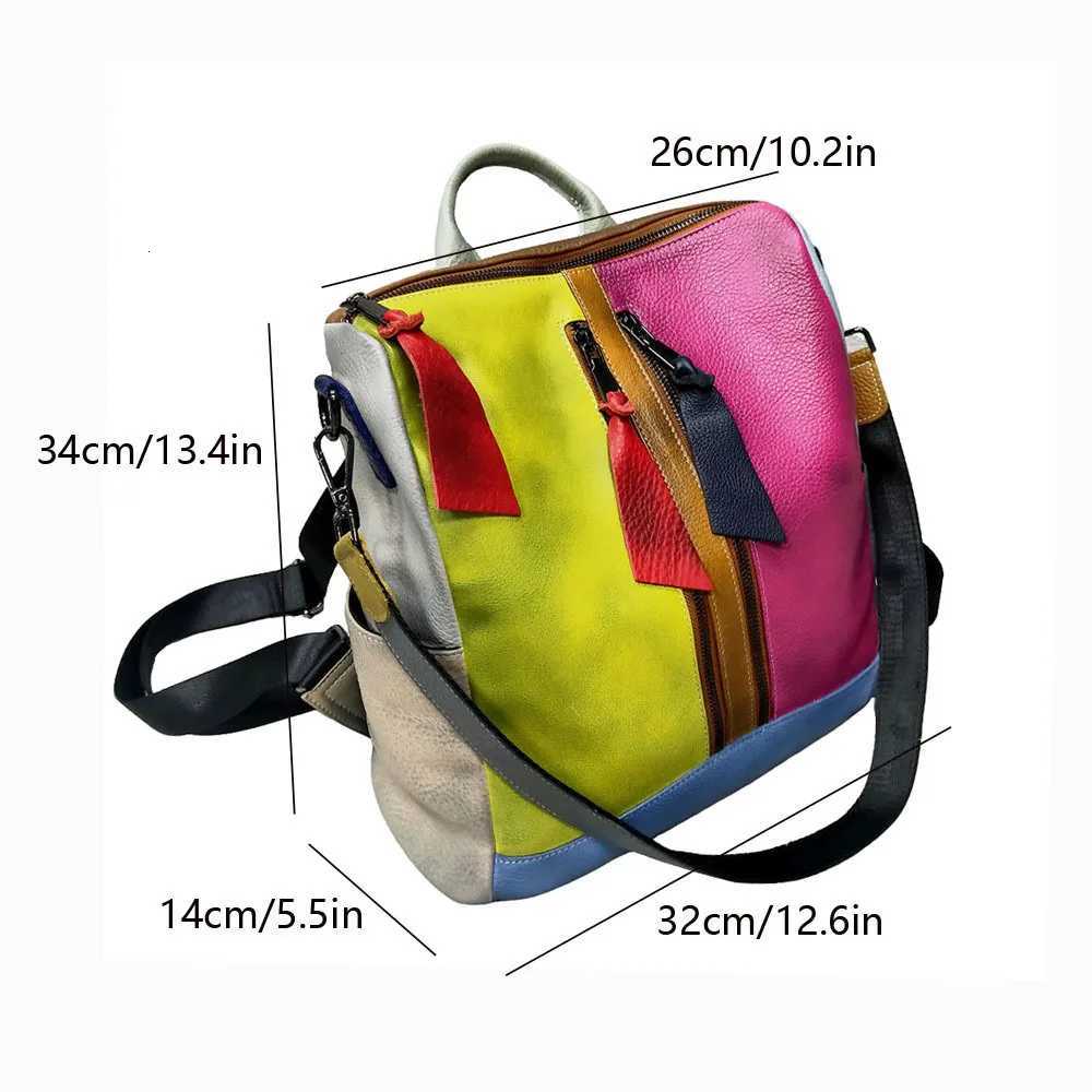 New Soft Cowhide Leather Backpack for Women Teens Vintage Patchwork School Bookbag with Keychain Durable Genuine Cowhide BagW251114