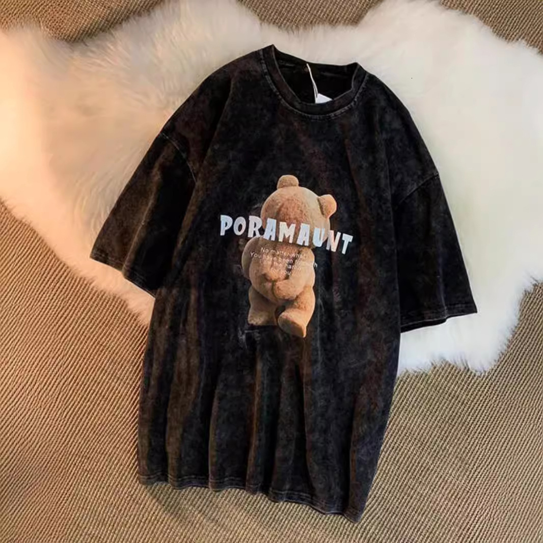 2025 Designer Women's Washed Off Shoulder T-shirt Short Teddy Bear Printed Short Sleeve T-shirt Fashion Brand Summer Loose Couple Half Sleeve Top