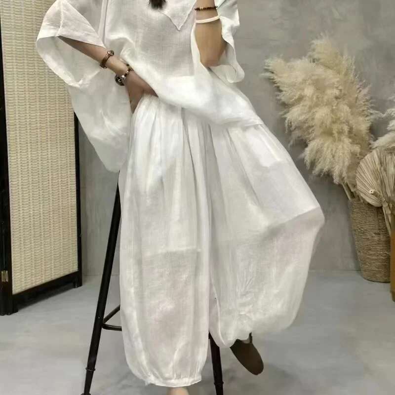 Ramie Women Large Size With Bat Sleeves V-Neck Cotton En T-Shirt Casual Lantern Pants Two-Piece Set For Autumn E5175
