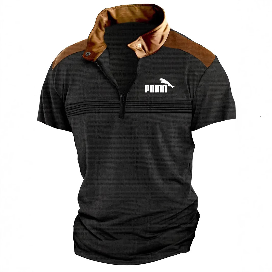 Summer Mens Polo Zipper Short Sleeve Fashion Splicing Chest Wrinkle Breathable Polo Shirt
