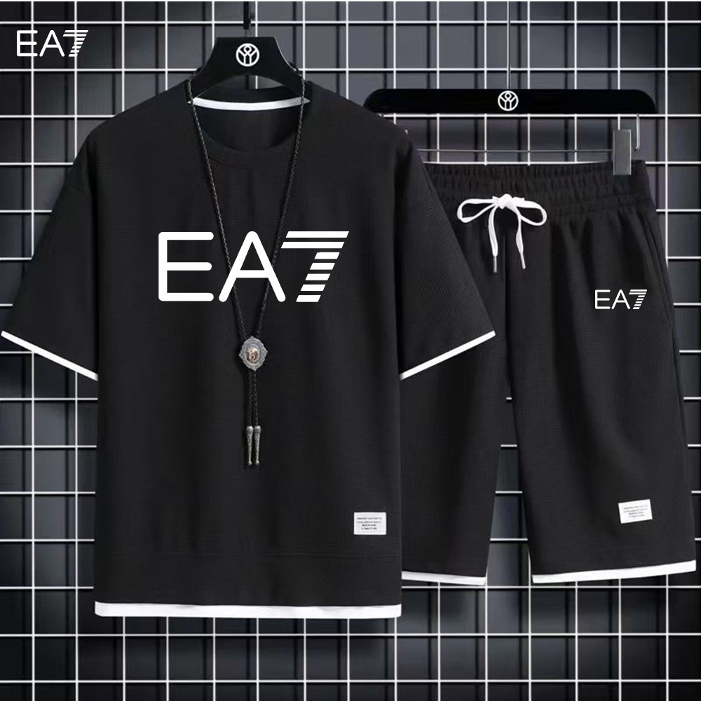 Summer new waffle style mens short sleeved suit mens Korean version youth handsome short sleeved shorts casual two-piece set trendy