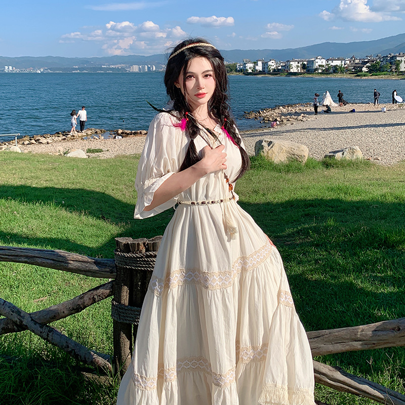 G125 Retro cotton and linen stitching lace multi-layer dress summer mid-sleeve travel vacation long skirt