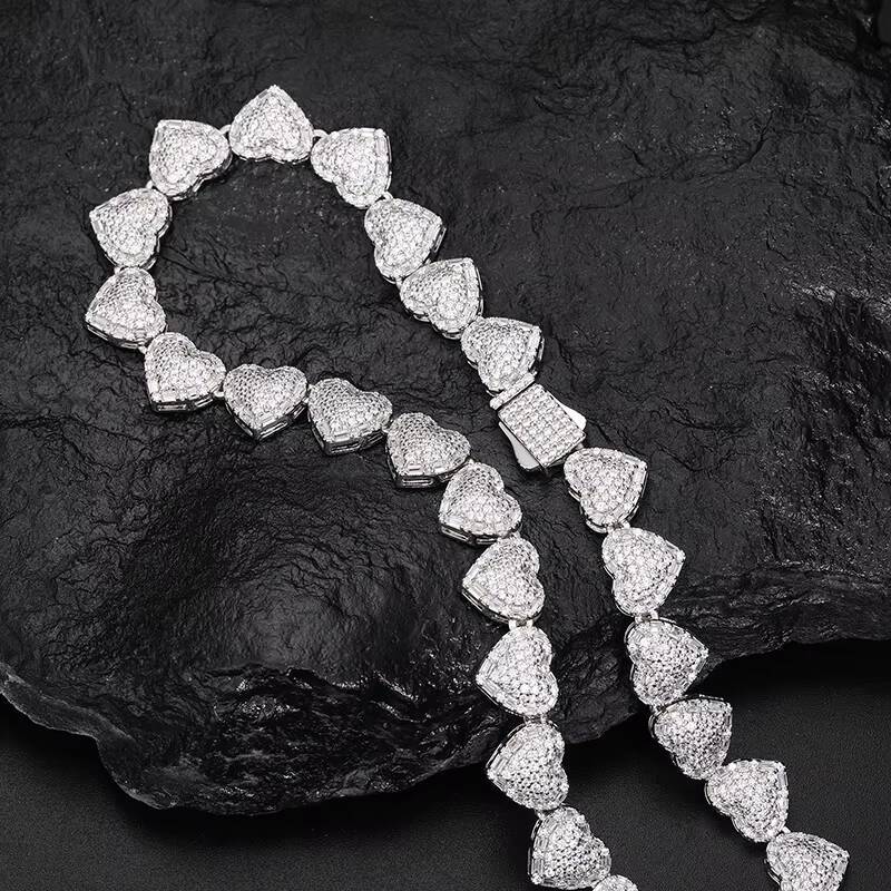 Full Iced Out Diamond 925 Solid Silver 10mm Hip Hop Luxury Baguette Moissanite Heart Link Chain Couple Necklace