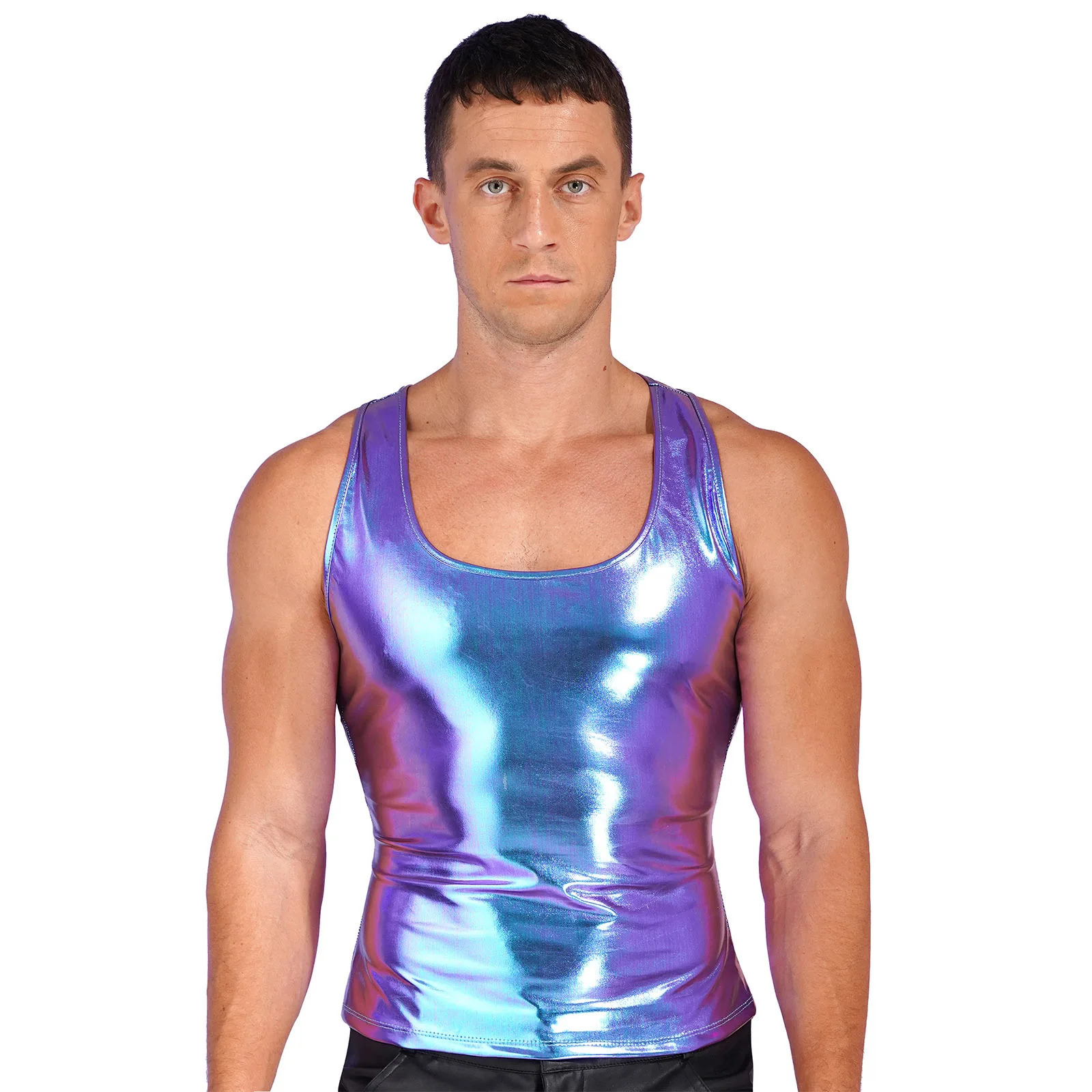 Shiny metal vest mens sports fitness tank fashion top sleeveless Tshirt single piece underwear 250407