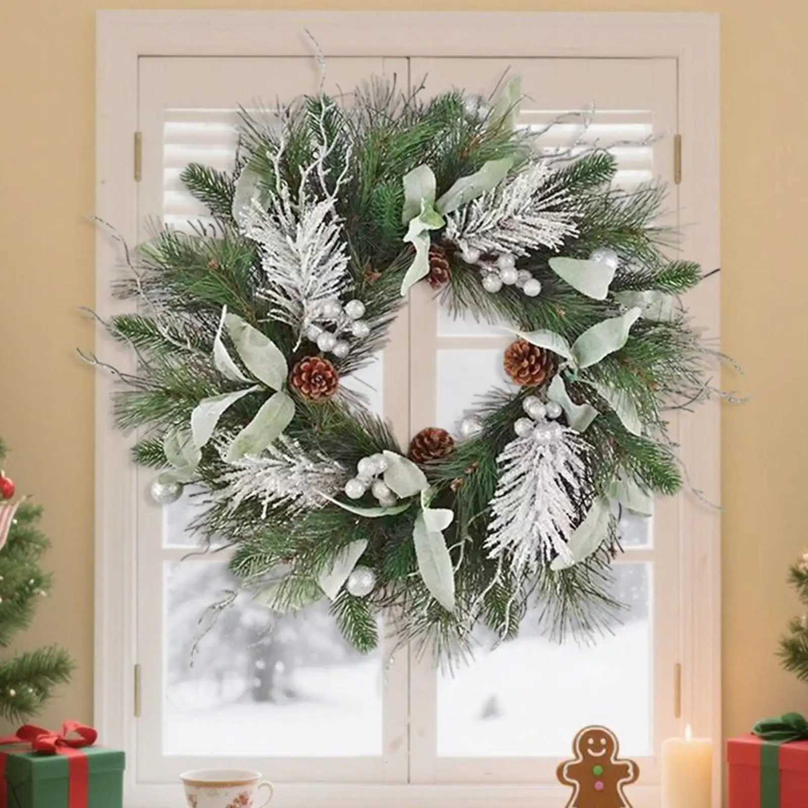 Winter Christmas Wreath Realistic Holiday Ornament Artificial Door Christmas Pine Wreath For Outdoor Window Mantel RestaurantM251115