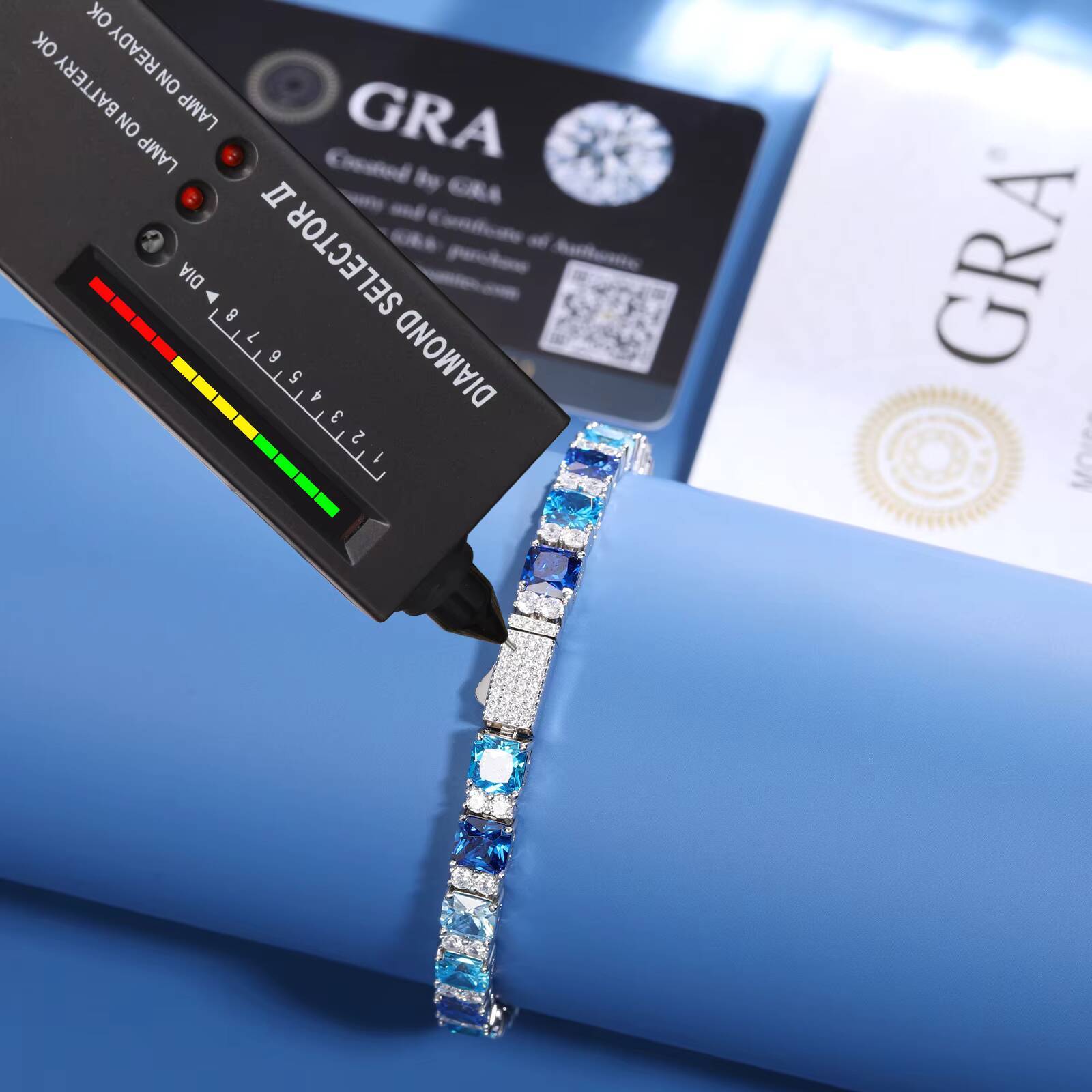 Dropshipping Trendy 65mm 925 Sterling Silver VVS Moissanite Diamond Asscher Cut Gradient Color Blue Gemstone Tennis Bracelet