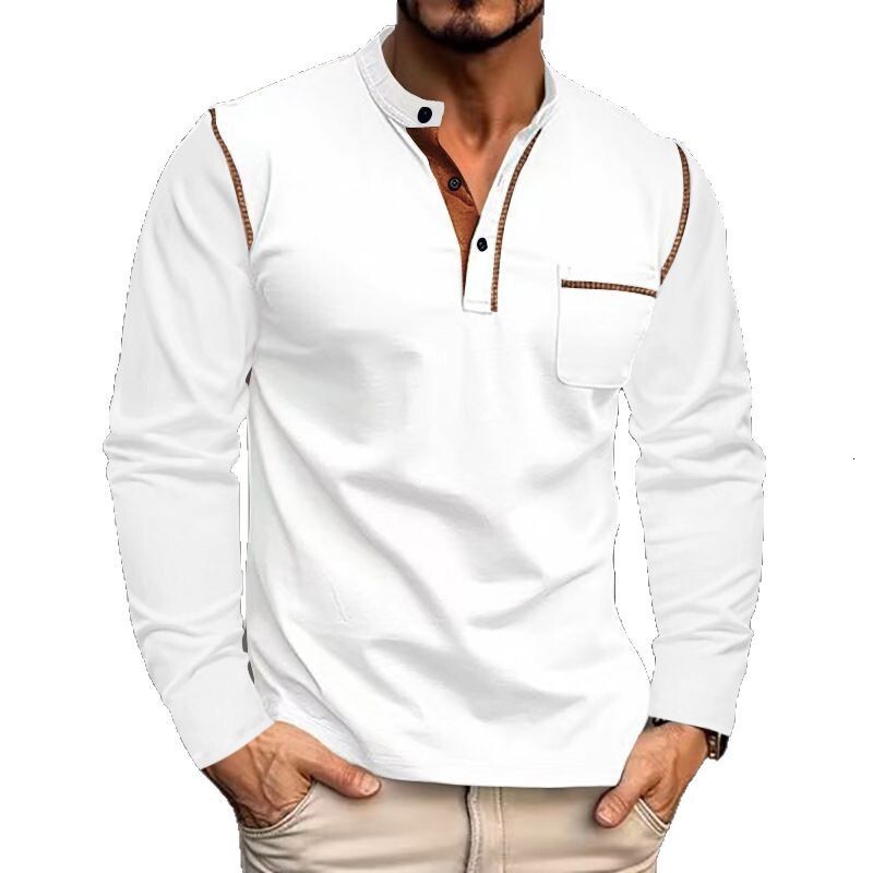 2025 Henry shirt long sleeved color blocked knitted casual T-shirt men's